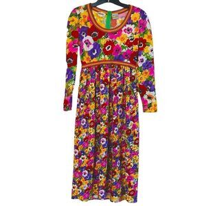 Goldworm Vintage 60s Anemone Vibrant Rainbow Floral Long Sleeve Dress Sz 12
